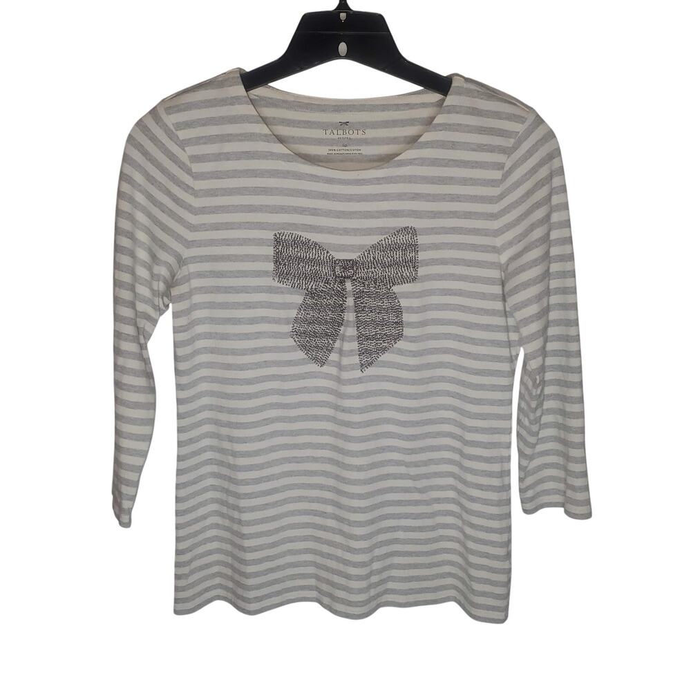 Talbots Petites Top PS Petite S Gray White Striped Beaded Bow Cotton Knit